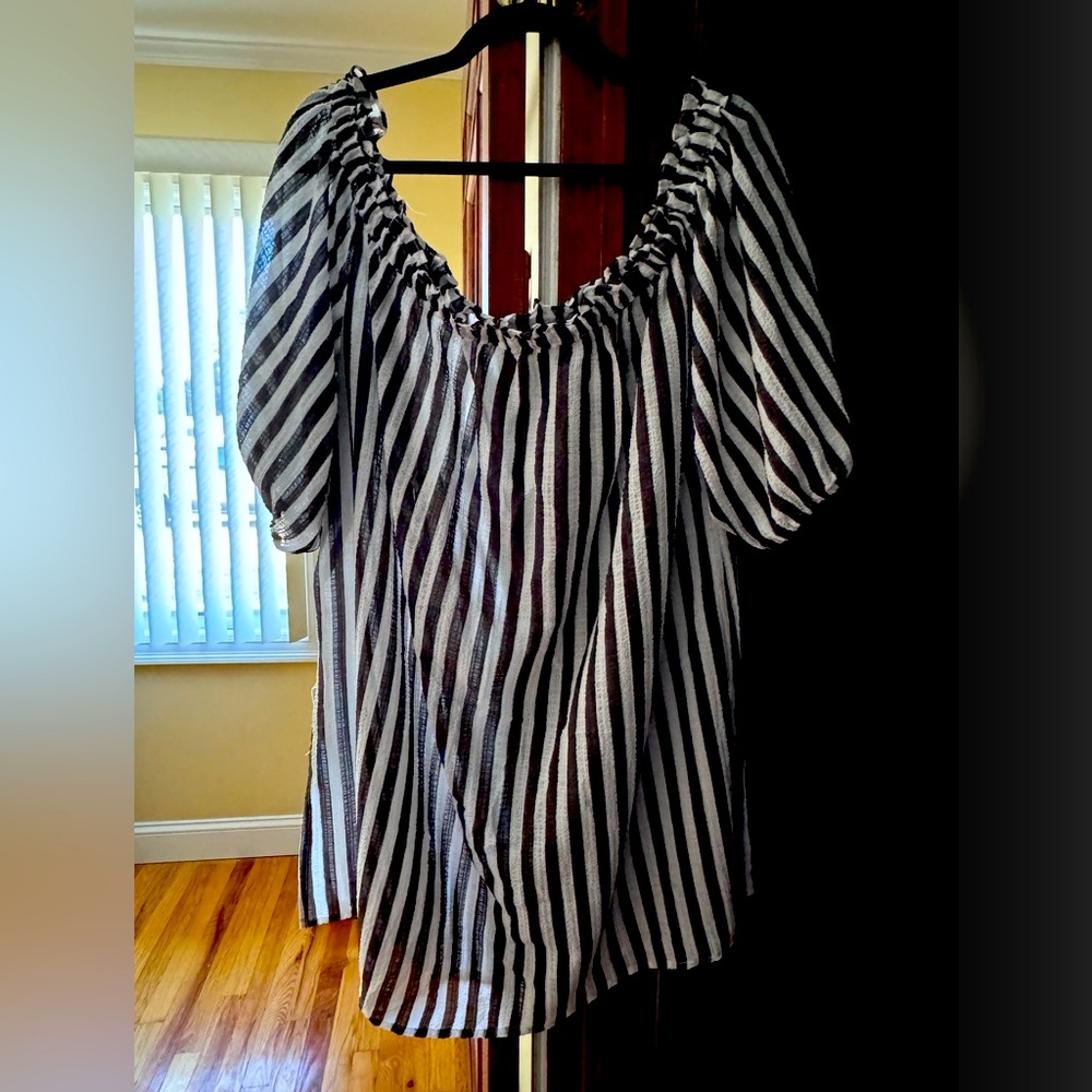 Swimsuits for All off the shoulder lightweight top. Black and white stripe.